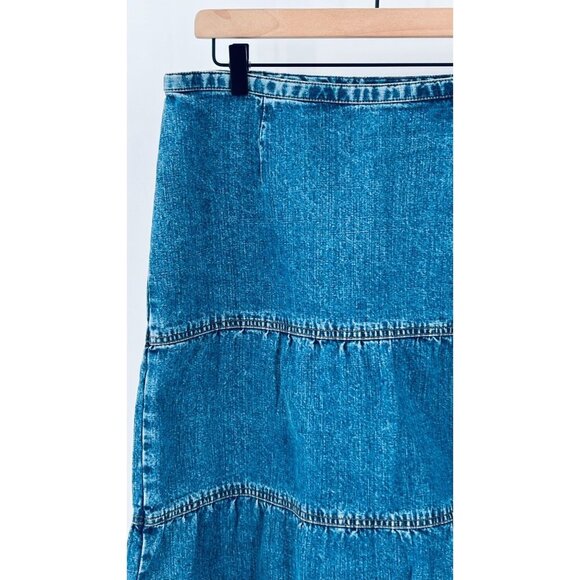 Loft Ann Taylor Tired Ruffled Midi Length Denim  Skirt Size 14P Ruffles Side Zip - Picture 2 of 9